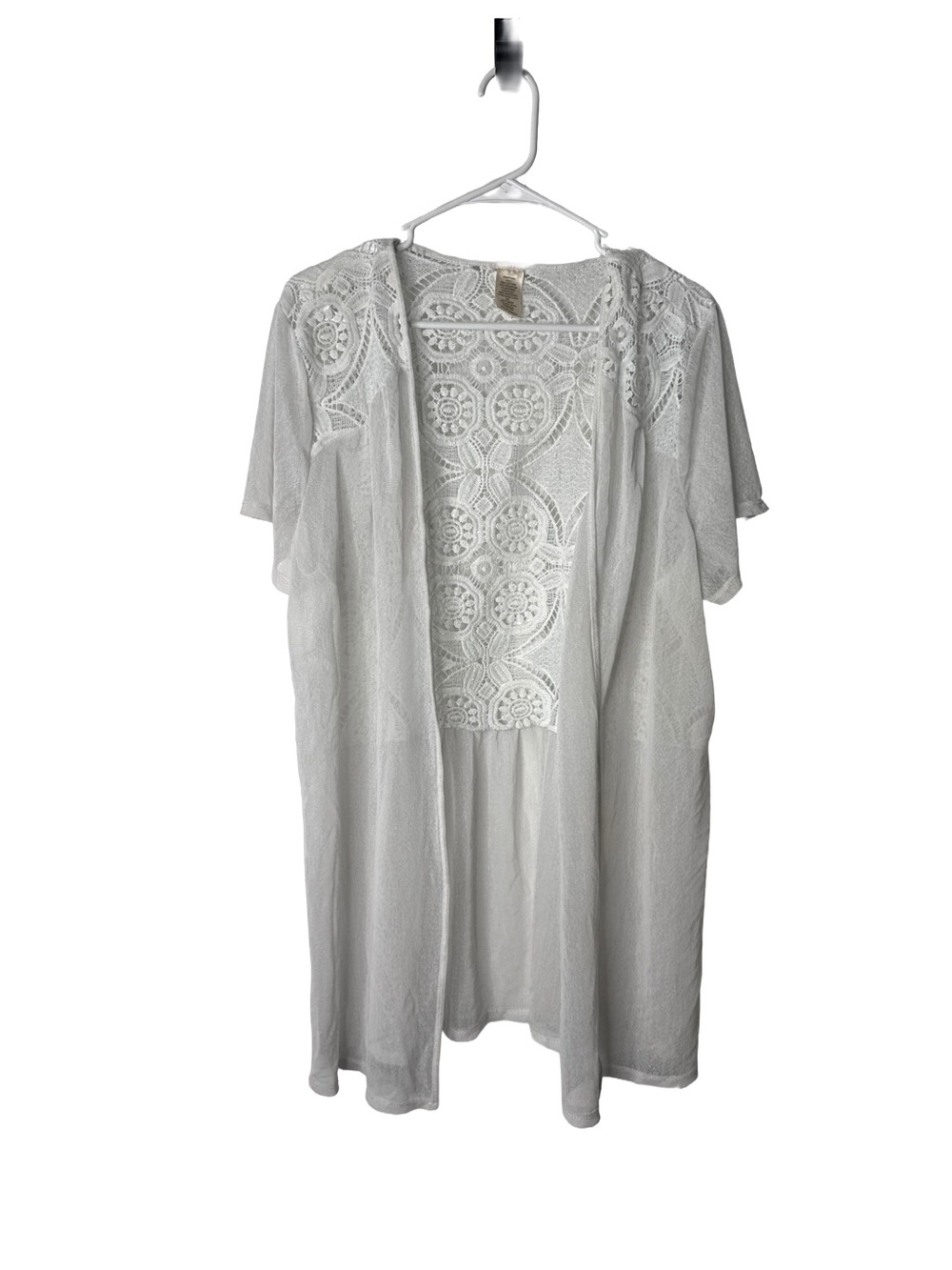 Sheer White Crochet Lace Open Front Short Sleeve Cotton Cardigan Swimsuit Cover